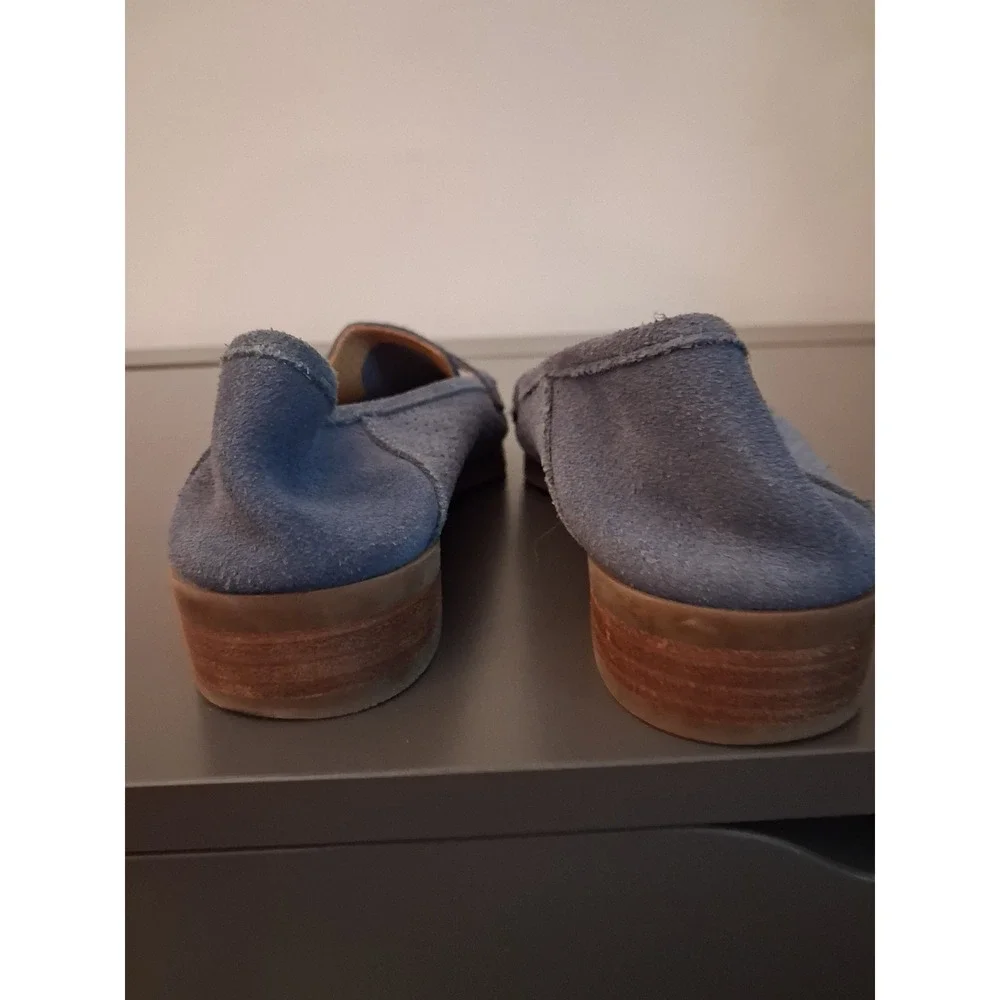 Lucky Brand Blue Suede Perforated Penny Loafers Size 7.5M Low Stacked Heel